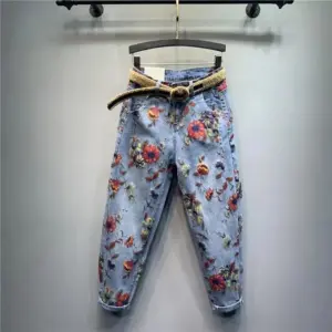 Autumn New Flower Print Jeans Women High-Waist Loose-Fit Denim Pants Large Size Personality Streetwear Harem Jeans Trousers Lady