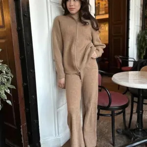 Autumn Winter Solid Knit Two-piece Set Female Zipper Long Sleeves Lapel Sweater Top+High Waist Wide Leg Pant Female Knitted Suit