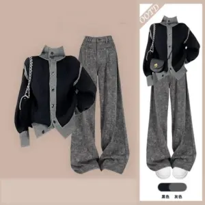Autumn and Winter High-end Korean Temperament Fake Two-piece Knitted Sweater High Waist Slimming Casual Pants Two-piece Set