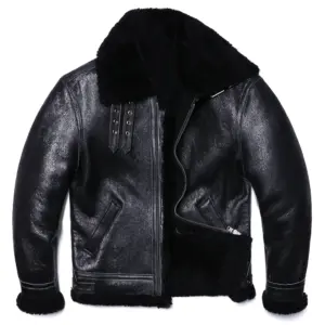 B3 Style Black Thick Sheep Shearling Wool Leather Jacket Original Ecological Fur Genuine Sheepskin Male Warm Coats Flight Jacket