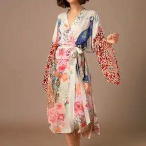 Beach Kimono for Women Peocock Printed Swimsuit Cover Up Self Belted Wrap Dresses Seaside Bathing Suits Beachwear