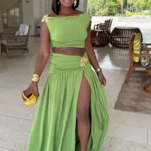Beyprern Luxury Green Gold Broach Top & Maxi Skirt Set Two-Piece Dress Holiday Outfits Women High Slit Ruched Metal Bubble Dress