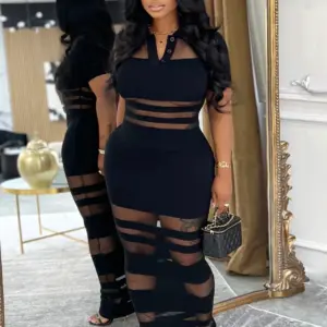 Beyprern Women's See-Through Striped Sheer Polo Maxi Dress Sexy Turn-Down Collars Caged Party Dresses Night Out Vestido Clubwear