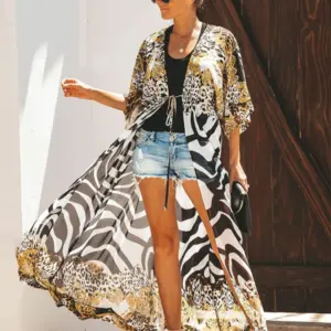 Bikini Cover Up Chiffon Beach Kimono Women Leopard Printed Long Cape for Swimsuit Tunic Summer Beach Wear Factory Supply