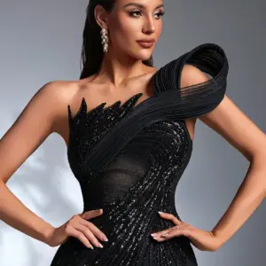 Black One-Shoulder Beaded Sequin Evening Gown with Pleated Detail, Formal Party Wedding Dress
