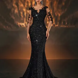 Black Sequin Mermaid Evening Gown with Lace Applique Sleeves V Neck Formal Dress for Wedding Party