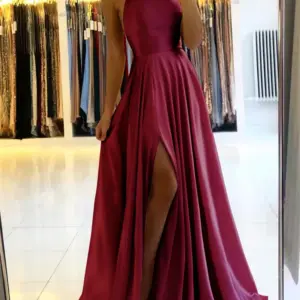 Burgundy Satin Beach Maxi Women Dress for Christmas Sexy Side Slit Adjustable Straps Evening Prom Dress Cheap Bridesmaid Dresses