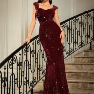 Burgundy Sequined Mermaid Evening Dress for Prom, Wedding Guest or Holiday Party