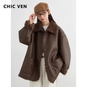 CHIC VEN Women Faux Leather Jacket Coat Loose Casual Reversible Mid Length PU Overcoat Retro Ladies Outerwear Autumn Winter 2025