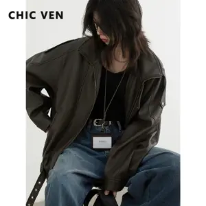 CHIC VEN Women PU Jacket New Loose Retro Motorcycle Faux Leather Quilted Coat Female Overcoat Thick Warm 2025 Spring Autumn Top