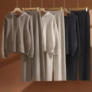 CHICUU Women's 100% Wool Set Hoodie Pullover Wide Leg Pants Thick Casual Knitwear Autumn Winter Cashmere Sweater Trousers Suit