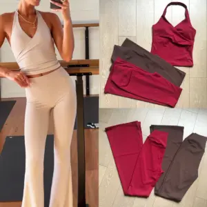 CSB Flare Legging Set Halter Top with Built in Bra &High Waist Leggings Naked-feel Fabric Yoga Vest Gym Clothing