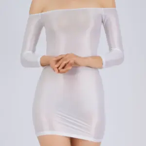 Candy Color Oil Glossy Dresses Long Sleeves Off Shoulder Sexy Ultra Short Packet Hip Skirt High Elastic Tight Mini Dress