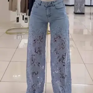 Careaymade-Lace Spliced Elegant Hollow Out Jeans Women New Temperament High Waist Straight Loose Denim Trousers Y2k Streetwear