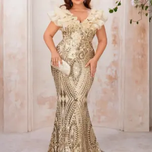 Champagne Gold Sequin Ruffled V-Neck Mermaid Evening Dress for Formal Events