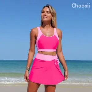 Dwuczęściowy kostium kąpielowy dla kobiet w blokach kolorów, z szerokimi ramiączkami, z dekoltem w kształcie litery U, z regulowanymi ramiączkami i spódniczką