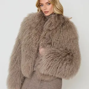 Dark Brown Real Mongolian Sheep Fur Coat – Women's Winter Jacket with Stand-Up Collar, Natural Sheepskin, Fluffy Warm Outerwear