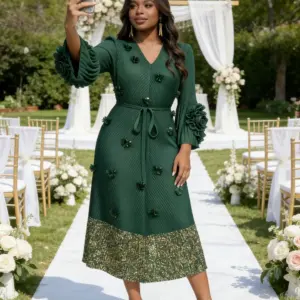 EGRM Fashionable 2026 New Long Sleeve Midi Dress Applique Design Dragon Scales Pleats Commuter Style V Neck Ankle Length 9R1603