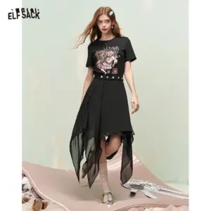 ELFSACK Women's Black Punk Streetwear Dress with Asymmetrical Hem & Print, Belted Waist Casual Party Dress