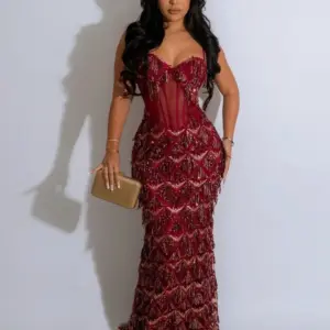 Elegant Burgundy Sequined Mermaid Evening Gown with Sheer Bodice and Spaghetti Straps