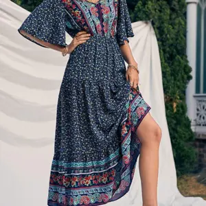 Elegant Casual Long Dress Boho Print Design Short Sleeve V Neck Summer Dress For Women 2026 Fashion