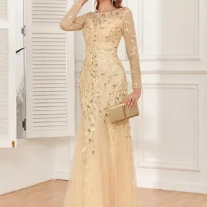 Elegant Gold Sequin Embroidered Mesh Mermaid Evening Gown with Long Sleeves