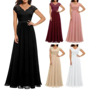 Elegant Lace Splicing Women's Dress Chiffon Bridesmaid V-Neck Evening Dress Party Prom Bride Wedding Guest Lace Maxi Dress