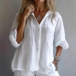 Elegant Long Sleeve Pure Color Casual Shirt for Women Cotton Linen Button up Top Spring Autumn New Style Cross Border
