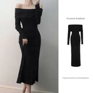 Elegant Off Shoulder Maxi Dress Bodycon Sweater Dress Solid Color Long Sleeve Knitted Party Dresses