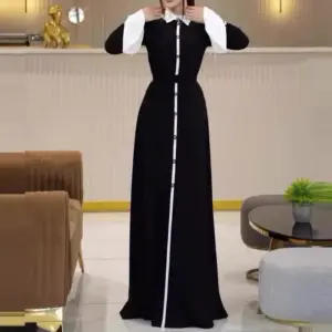 Elegant Peter Pan Collar Button Shirt Dress Women Casual Flared Sleeve Commute Long Dress Fashion Hight Waist Tie-Up Party Dress