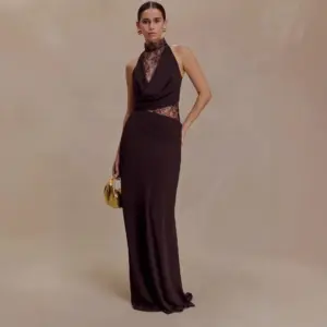 Elegant Red Brown Lace Patchwork Long Dress Women's Turtleneck Draped Collar Dresses Evening Party Wedding Guest New Year 2026