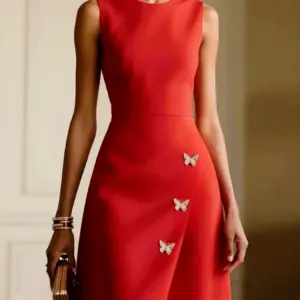 Elegant Slim Fit Knee-Length Sleeveless Dress with Metal Buckle round Neck for Holiday Parties Spring Summer New Arrival