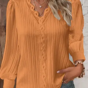 Elegant Summer Hollow Lace Patchwork Women Shirt Chic Blouse V Neck Long Sleeve Shirt Plain Lace Casual Basic Regular Tops