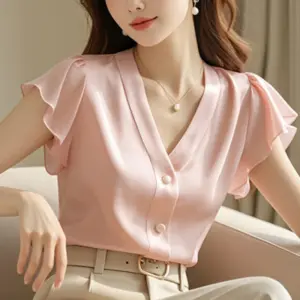Elegant V-Neck Button Solid Color Folds Ruffles Shirt Women's Clothing 2025 Summer New Casual Tops All-match Office Lady Blouse