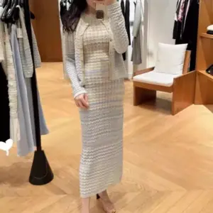 Elegant Women Autumn Knitted Set Gradient Mixed Colors Sweater Cardigan Slim Fit Long Tank Dress Matching Set Knitwear Outfits