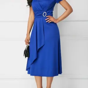 Elegant Women Solid Color Short Sleeve V Neck Asymmetric Hem Waist Tight Midi Party Dress Ladies Evening Vestidos DF4916
