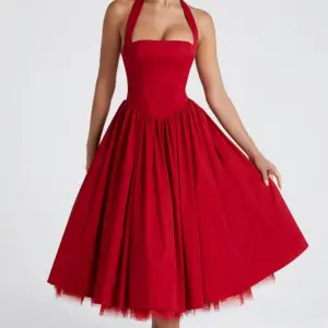 Elegant Women's Corset Strapless Midi Dress Luxury Halter High Waist Bandage Wedding Guest Dresses Evening Party Red Black White