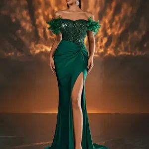 Emerald Green Off Shoulder Sequin Mermaid Dress with Feather Cuffs and High Slit for Formal Events