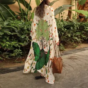 European and American Retro Loose-Fitting Plus-Size Mid-Length Kimono Cardigan Summer Beach Sun Protection Cover-Up Bikini Swimsuit Outerwear Thin Coat Autumn Loungewear Bathrobe