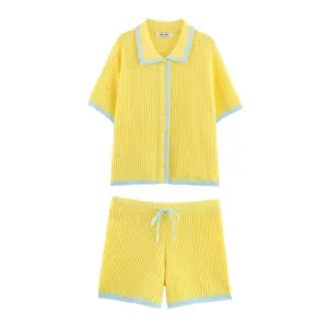 European and American style new women's fashion contrasting color hollow out single breasted knitted sweater jacket shorts set