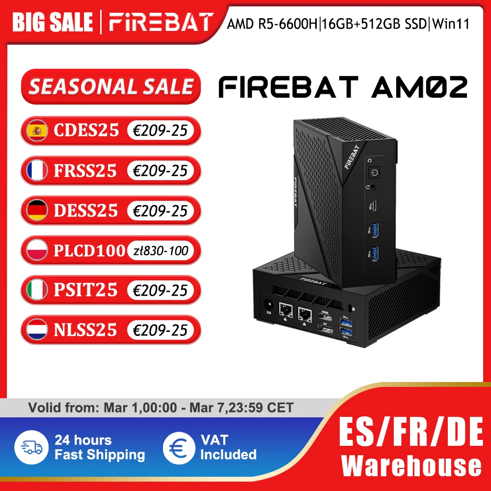 FIREBAT AM02 MINI PC AMD Ryzen 5 6600H DDR5 16GB RAM 512GB SSD WIFI6 BT5.2 Portable Desktop MINI PC Computer Network port HDMI