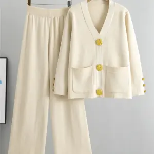Fall Winter Women's Knit Sweater Sets Large Gold Button V-neck Cardigan Coats Conjunto High Waist Baggy 95cm Wide Leg Pants Suit