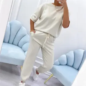 Fashion O Neck Short Sleeve Solid Color T-shirt Women Trousers 2-piece Set Summer Casual Sports Elastic Small Feet Trousers Suit