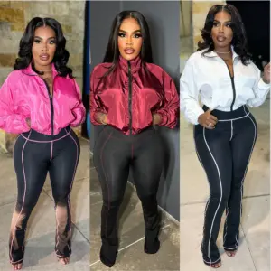 Fashion Patchwork 2 Piece Sets Woman Long Sleeve Zip Crop Jackets and Flare Pants Matching Outfits Casual Street Tracksuit