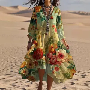 Fashion Printed Bubble Wrinkle Long Sleeve Dress Women Summer Casual Bohemian V Neck Dress Women 2026