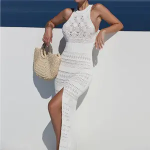 Fashion Style Knitting Texture Beachwear Cover Up Elegant Side Slit Beach Dress Summer Holiday Hollow Out Bikini Cover-Up