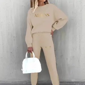 Fashionable Women's Sportswear Two-Piece Set English Print Casual Style Long Sleeve Polyester Fabric Comfortable Leisure Suit