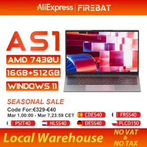 Firebat Laptop AS1 AMD R5 7430U 16GB DDR4 512GB SSD 15.6 Inch IPS Windows 11 Type-C WIFI6 Backlit Full-size Keyboard Notebook