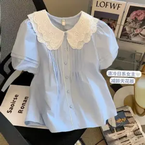 French Sweet Unique Blue Peter Pan Collar Blouse Women's Summer New Short Sleeve Bubble Sleeve Baby Shirt