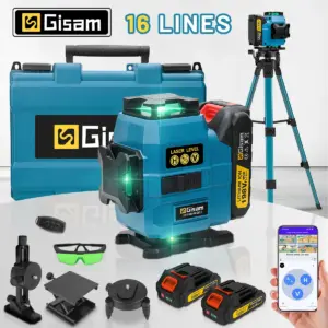 Gisam 16 Lines Laser Level Tripod Green Line SelfLeveling 360 Horizontal & Vertical Remote Control For makita 18v battery pins